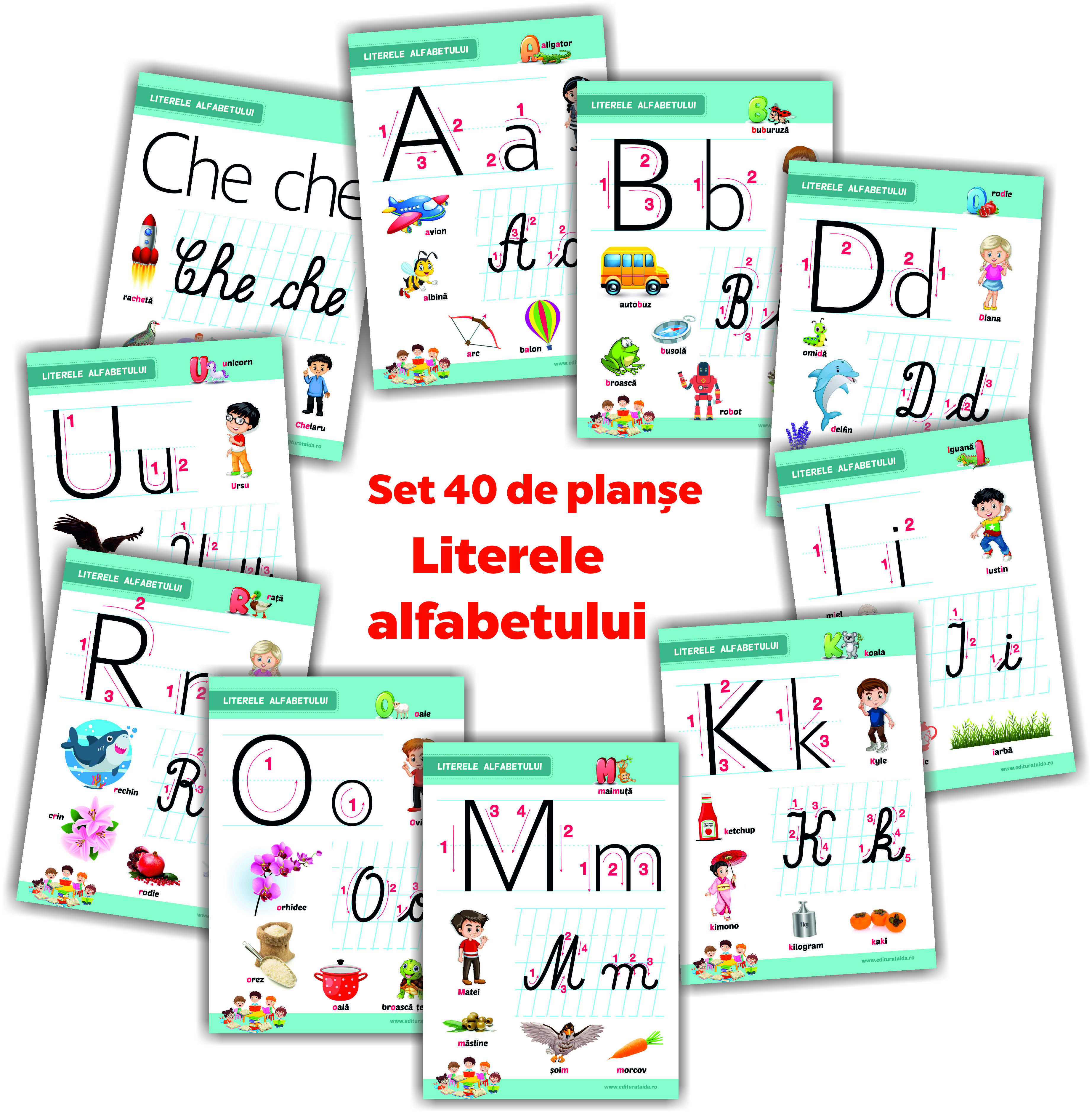 Literele alfabetului - set 40 de planșe didactice pentru clasa pregatitoare și pentru clasa I (FOLIATE)